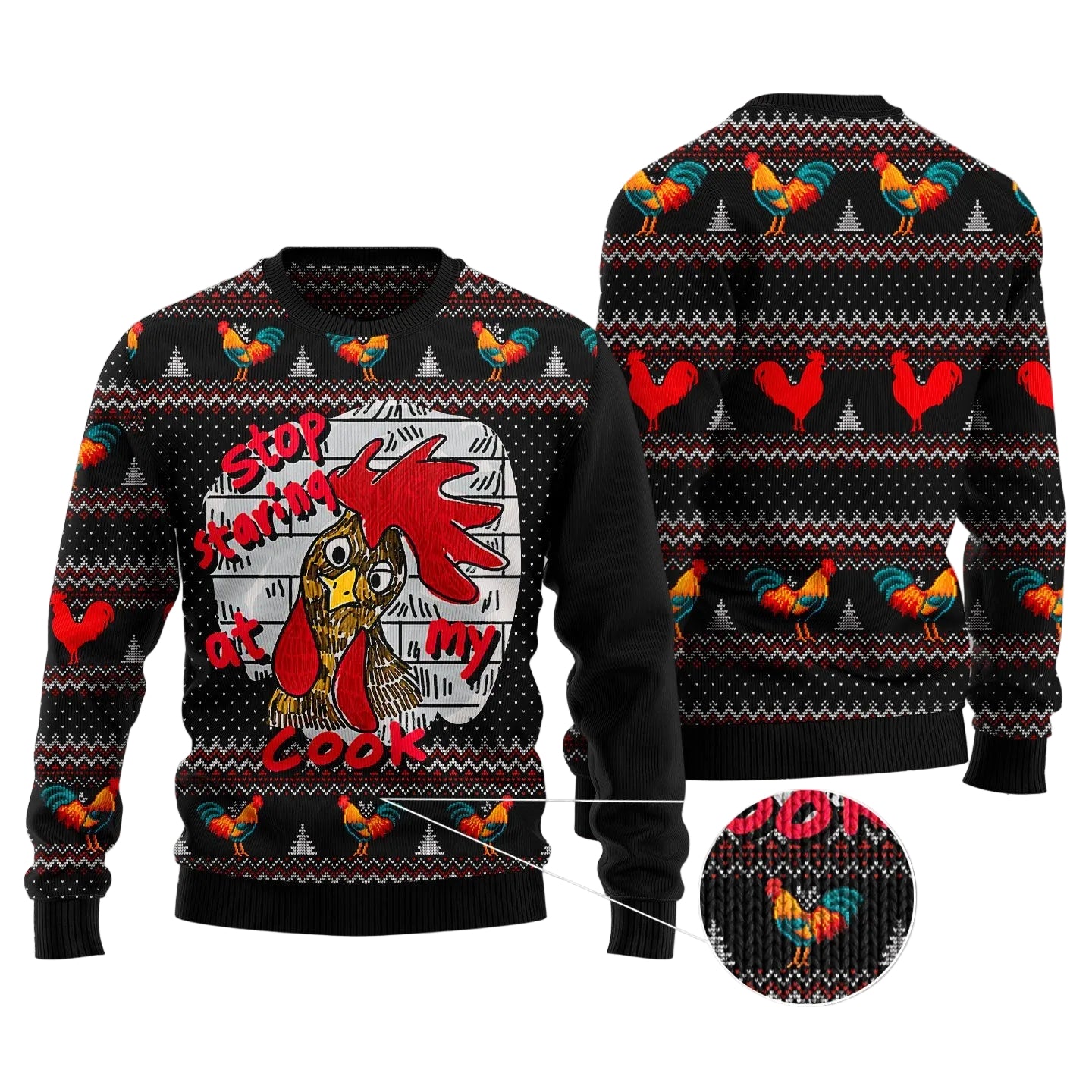 Chicken Ugly Christmas Sweater, Stop Staring at My Cock Funny Rooster Holiday Pullover for Adult Christmas Parties