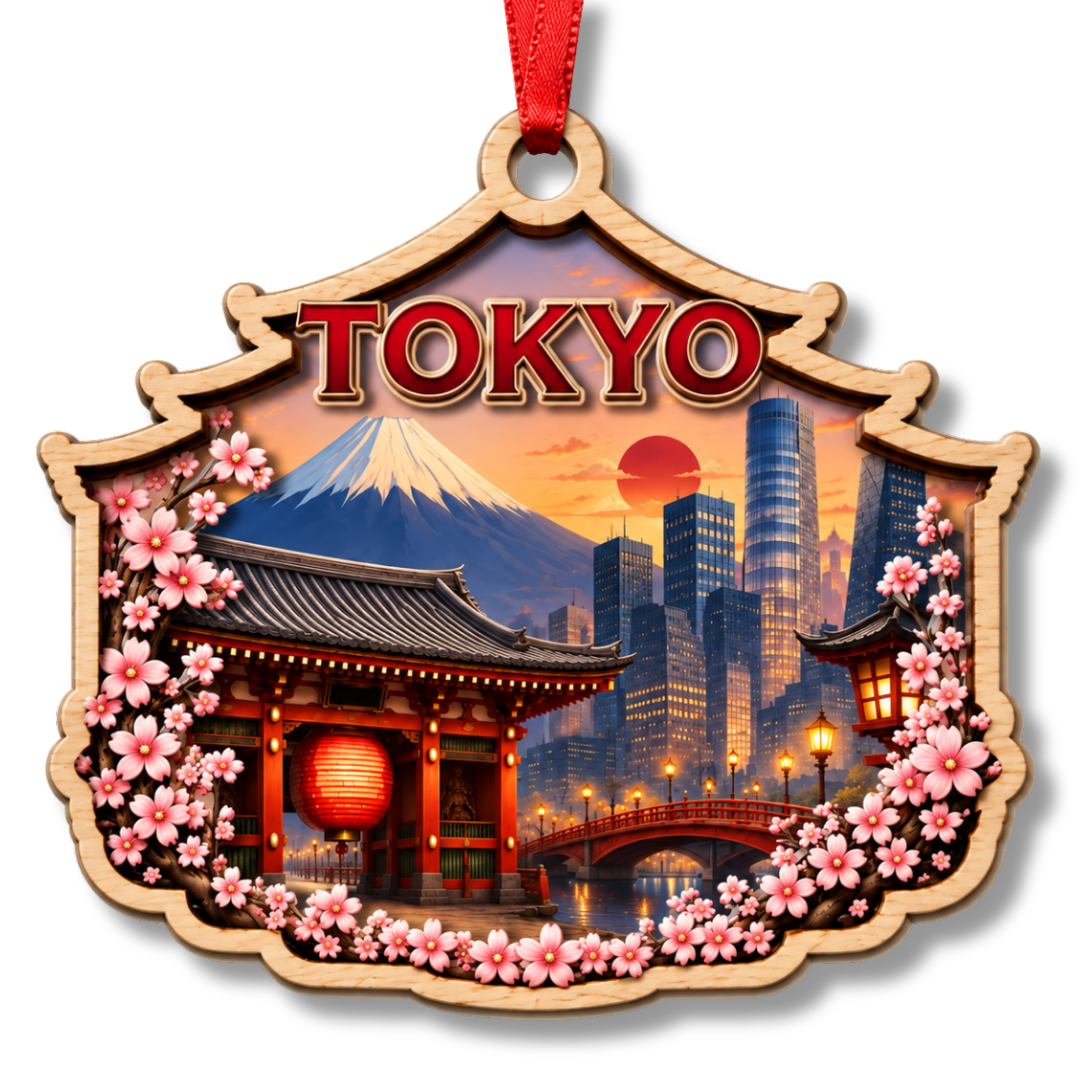 Tokyo Christmas Ornament, 2 Layer Wood and Acrylic, Christmas Tree Decoration, Travel Souvenir Gift, Xmas Tree Decor