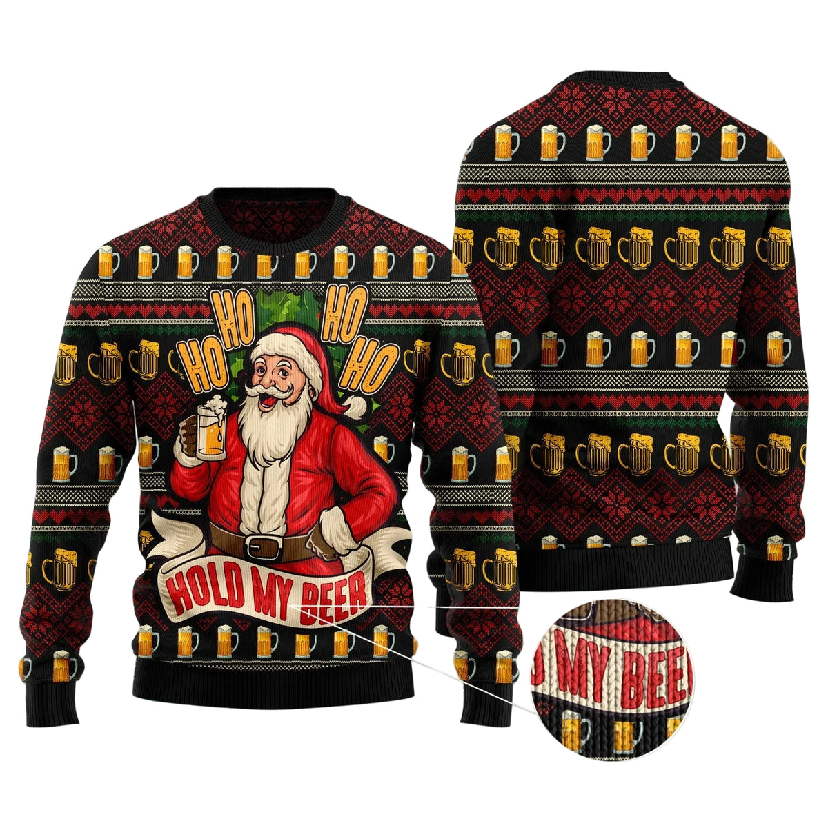 Ho Ho Hold My Beer Ugly Christmas Sweater, Beer Lover Santa Print for Men and Women, Festive Christmas Party Outfit