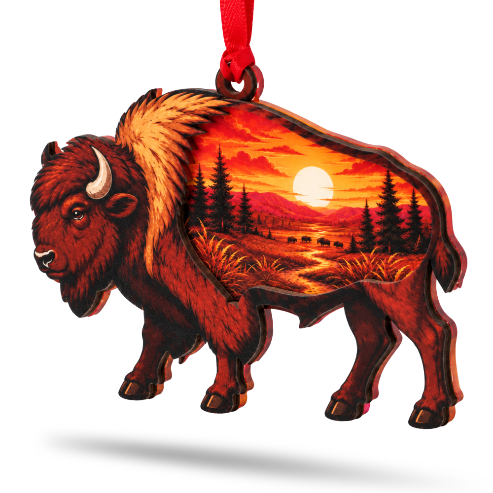 Bison Buffalo Christmas Ornament for Tree, Wood & Acrylic Hanging Decor, Xmas Gift for Nature Lovers And Outdoor Decor
