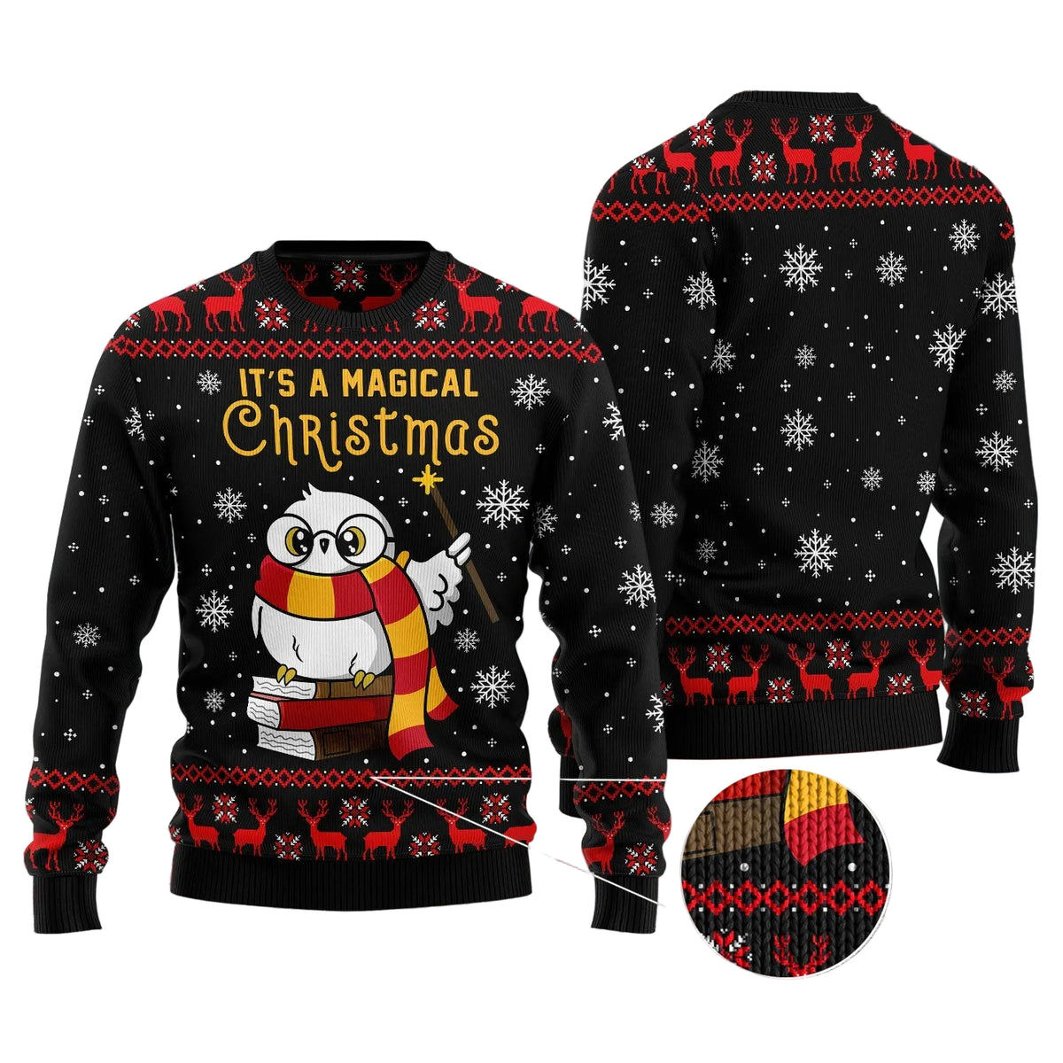 Magical Christmas Owl Ugly Christmas Sweater, Bird Lover Holiday Party Outfit and Festive Gift for Owl Fans
