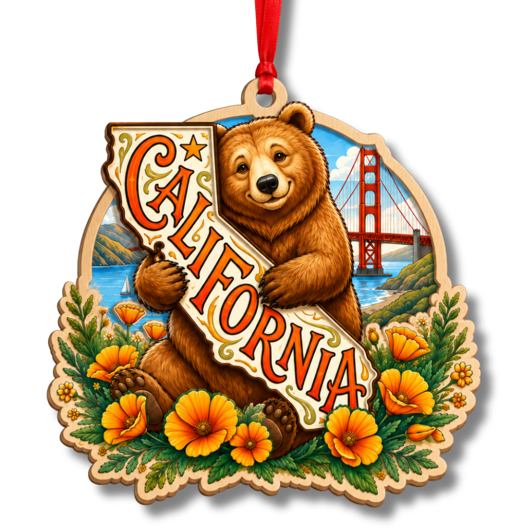 California Ornament, 2 Layer Wood and Acrylic, Christmas Tree Decoration, Travel Souvenir Gift, Christmas Ornament
