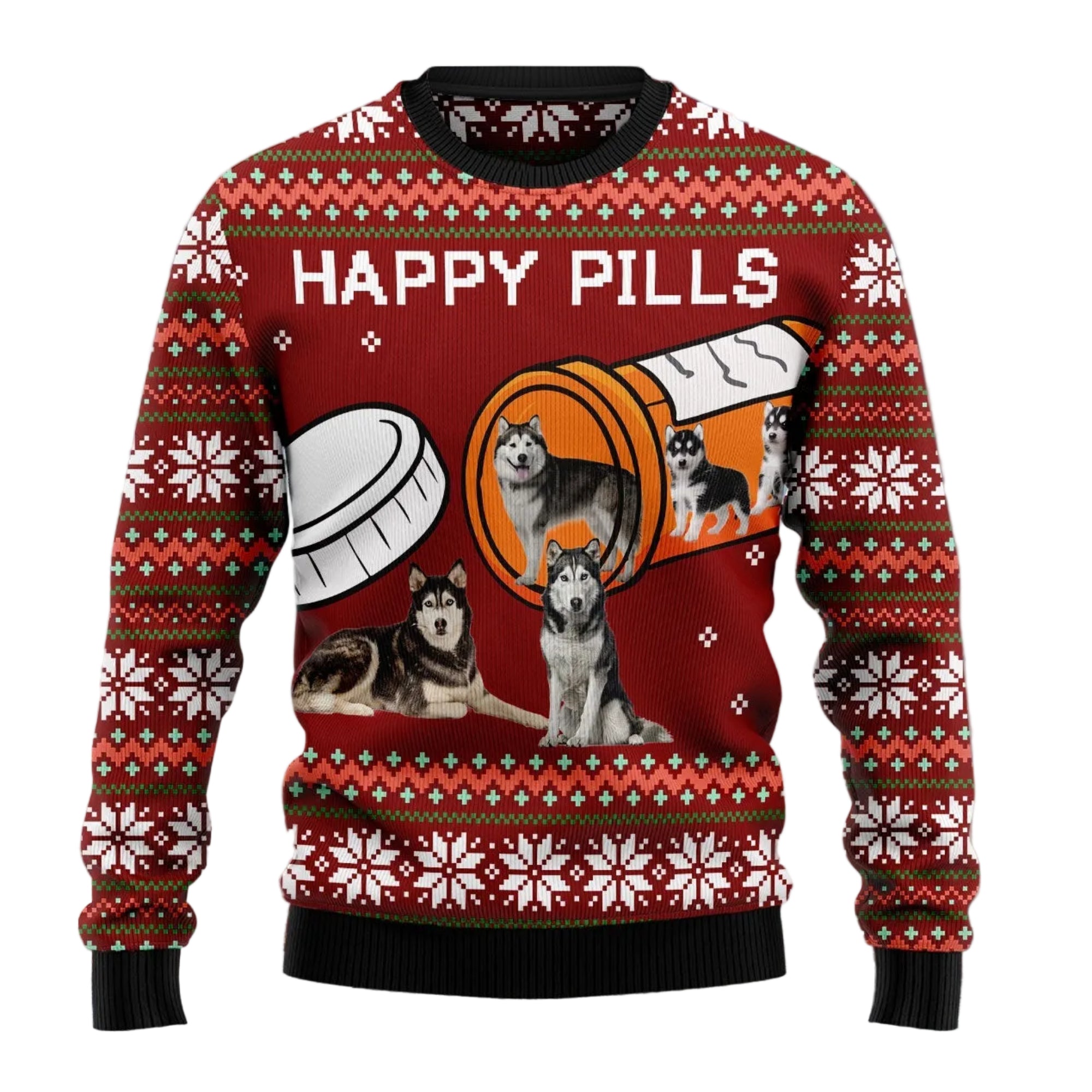 Siberian Husky Happy Pills Ugly Christmas Sweater, Funny Dog Lover Holiday Party Outfit and Gift for Husky Parents