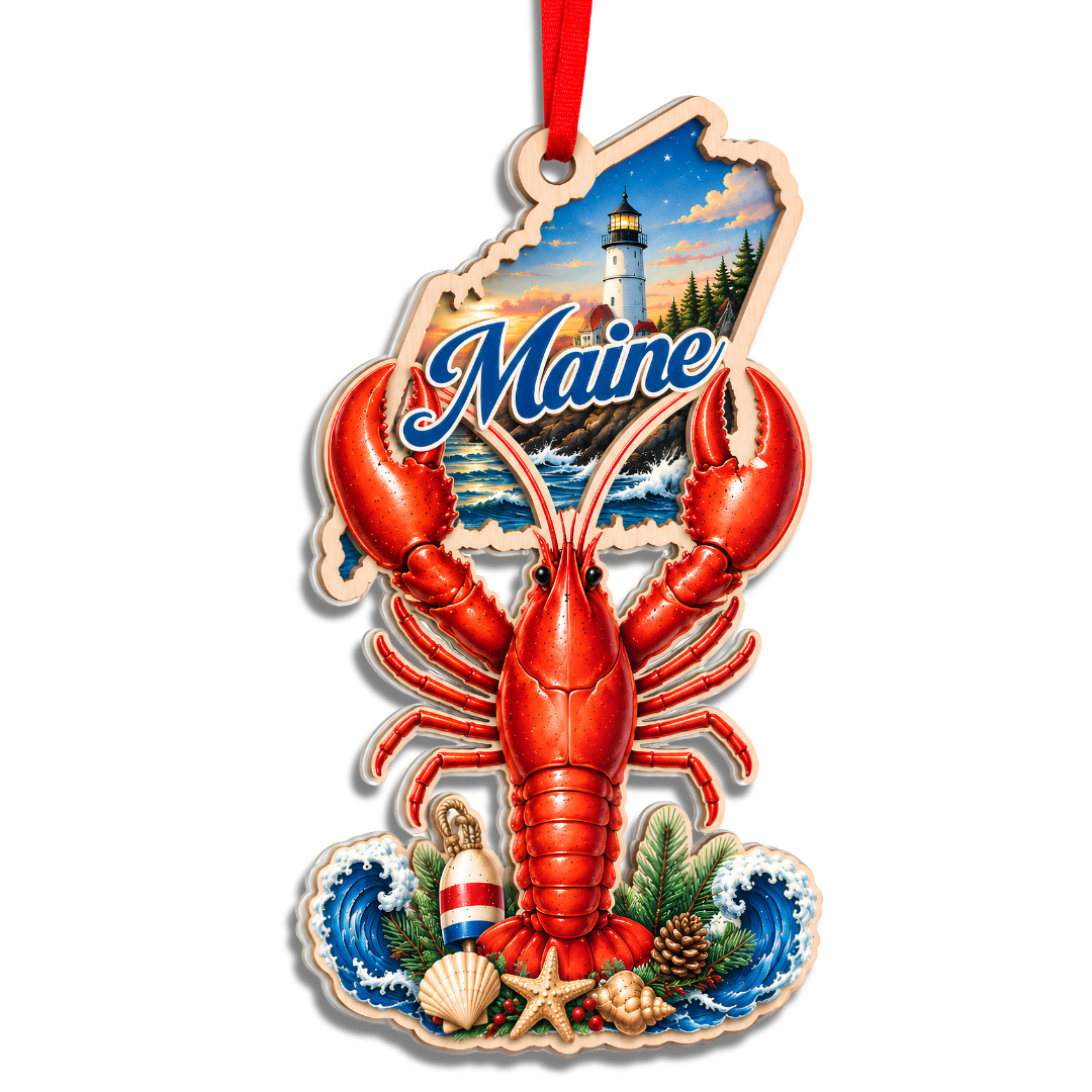 Maine Ornament, 2 Layer Wood and Acrylic, Christmas Tree Decoration, Travel Souvenir Gift, Christmas Ornament