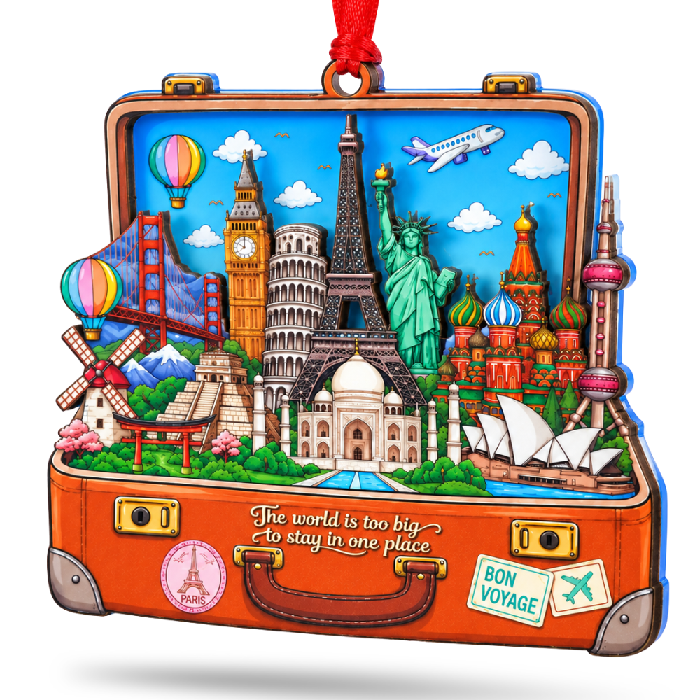 Suitcase Travel Christmas Ornament, Wood & Acrylic Christmas Tree Decoration, Holiday Gift for Travelers