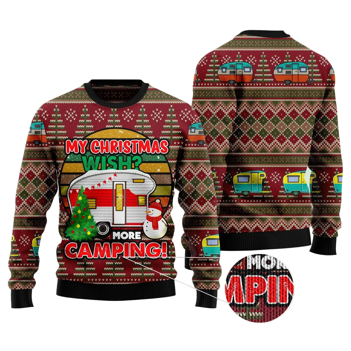 My Christmas Wish More Camping Ugly Christmas Sweater, Outdoor Lover Holiday Party Outfit and Gift for Campers