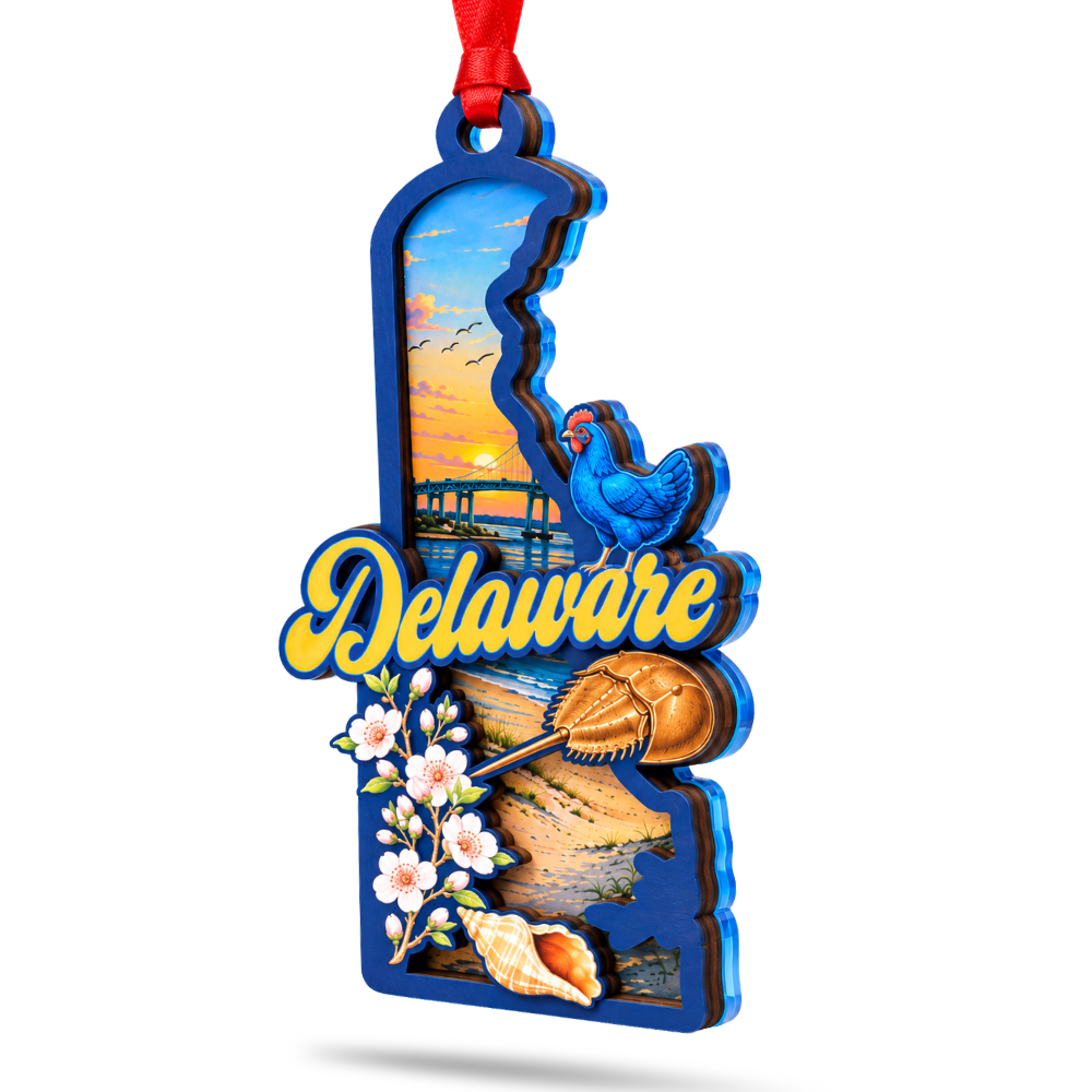Delaware State Christmas Ornament, Wood & Acrylic Tree Decoration, Gift for Christmas and Holiday Decor Lovers