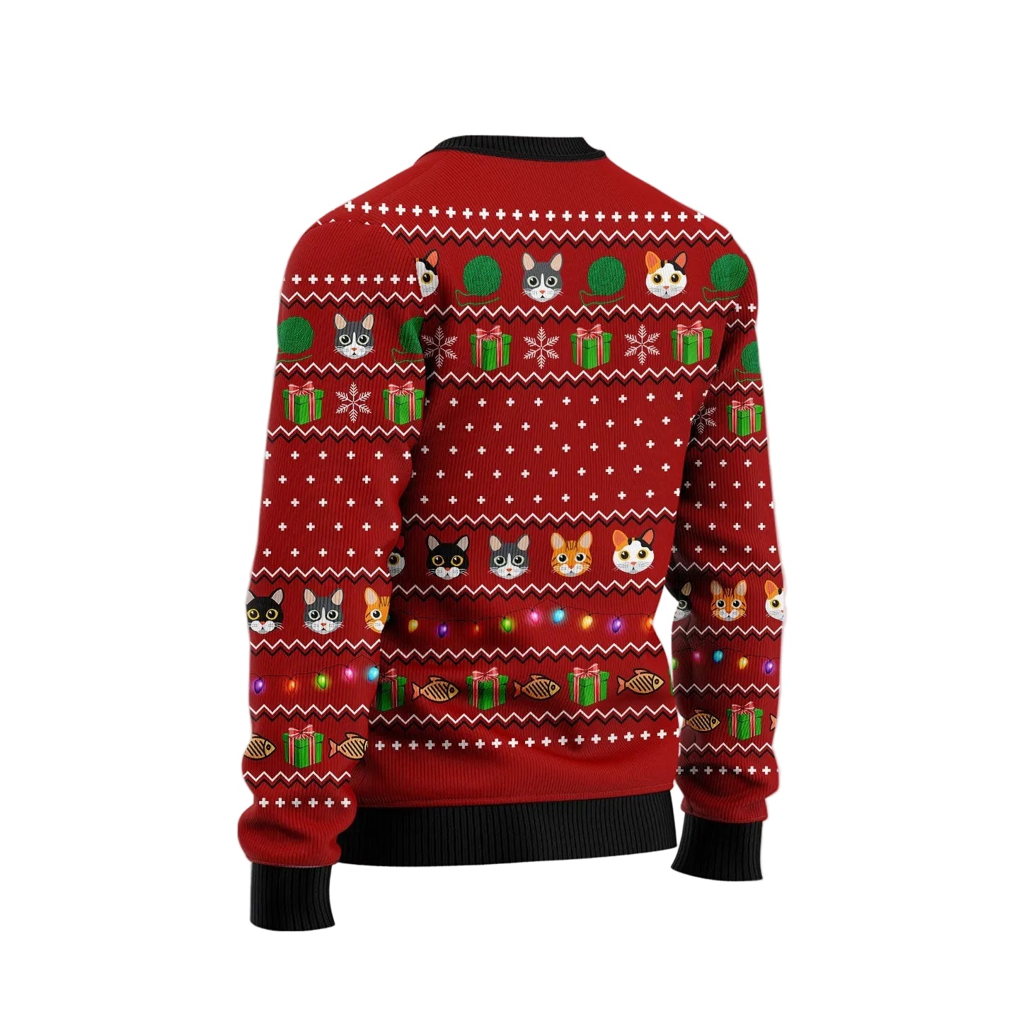 A red Christmas sweater with a repeating pattern of different dog faces, green gifts, snowflakes, and holiday lights, shown from the back on a light gray background with white snowflakes and a circular shark logo watermark.