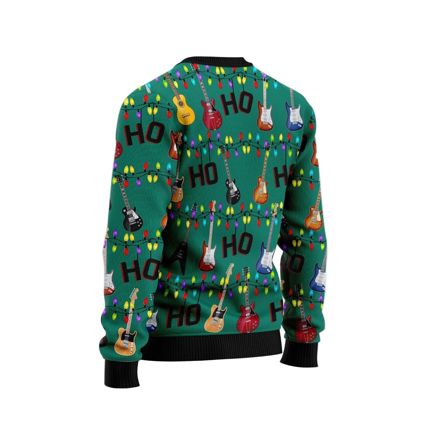 A green Christmas sweater with an all-over print of electric guitars, Christmas lights, and 'HO HO HO' text, shown from the back. The background is a soft pink and white holiday-themed graphic with snowflakes and a circular shark logo watermark.