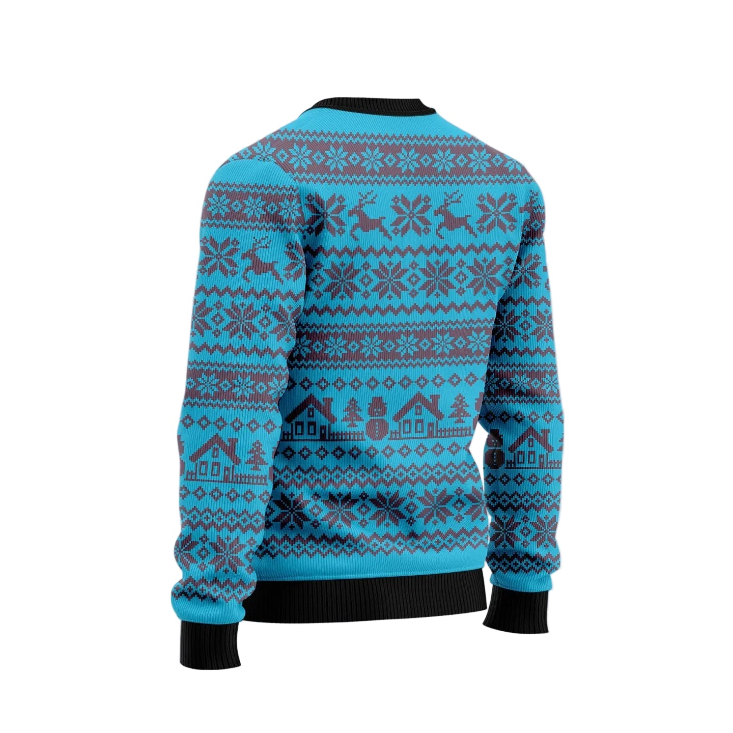 A long-sleeve Christmas sweater shown from the back, featuring a bright turquoise blue base with dark gray Nordic holiday patterns including snowflakes, reindeer, and cabins. The image has a festive blurred background with white snowflakes and a circular shark logo watermark in the top left corner.