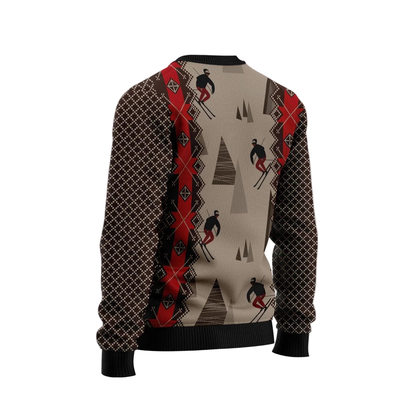 A long-sleeve crewneck sweater shown from the back, featuring a winter sports theme with skiers and snowboarders on a beige background, flanked by red and black diamond-patterned vertical panels and dark brown patterned sleeves. The image has a light blue to pink gradient background with white snowflakes and a shark logo watermark in the top left corner.