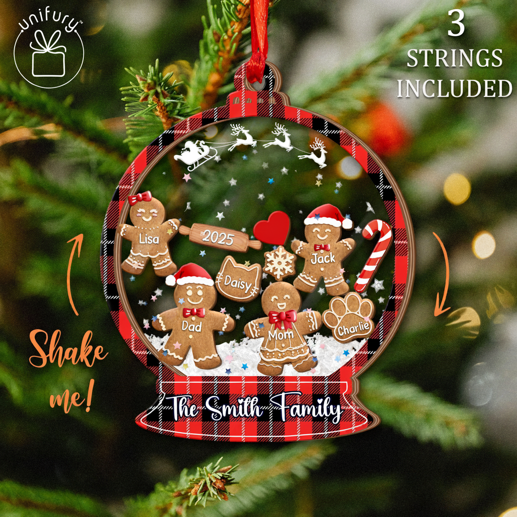 Personalized Shaker Ornament With Gingerbread Family and Pets - 4D Shake Ornament
