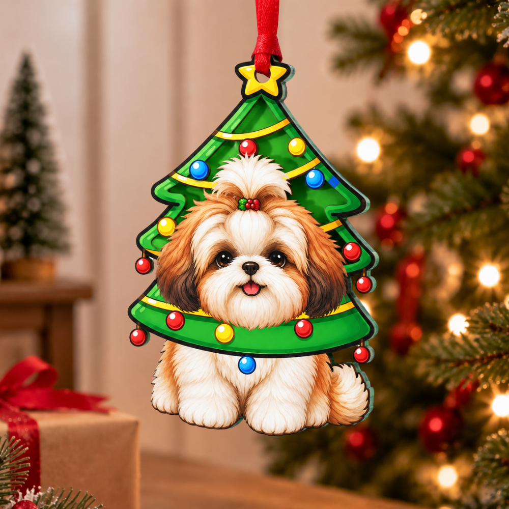 Shih Tzu Dog Christmas Ornament for Tree, Wood & Acrylic Hanging Decor, Xmas Gift for Collectors & Holiday Decor Lovers