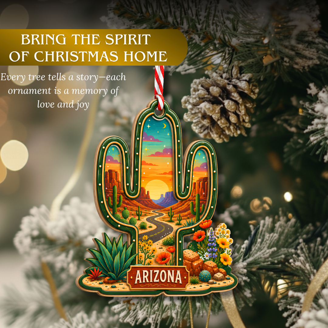 Arizona Christmas Ornament, 2 Layer Wood and Acrylic, Christmas Tree Decoration, Travel Souvenir Gift