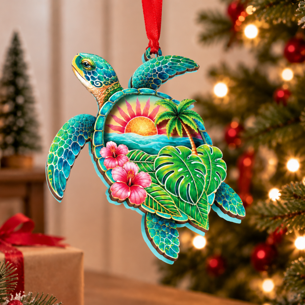 Sea Turtle Christmas Ornament for Tree, Wood & Acrylic Hanging Decor, Xmas Gift for Collectors & Holiday Decor Lovers