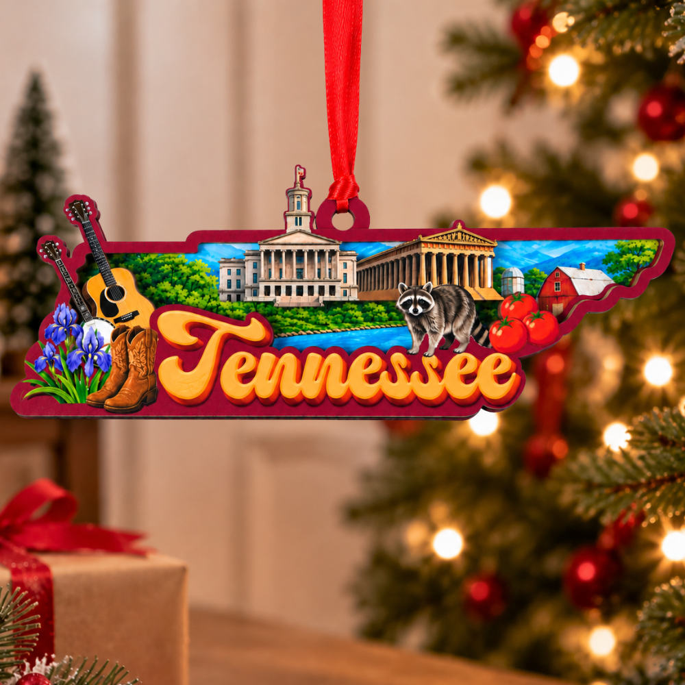 Tennessee State Christmas Ornament, Wood & Acrylic Tree Decoration, Gift for Christmas and Holiday Decor Lovers
