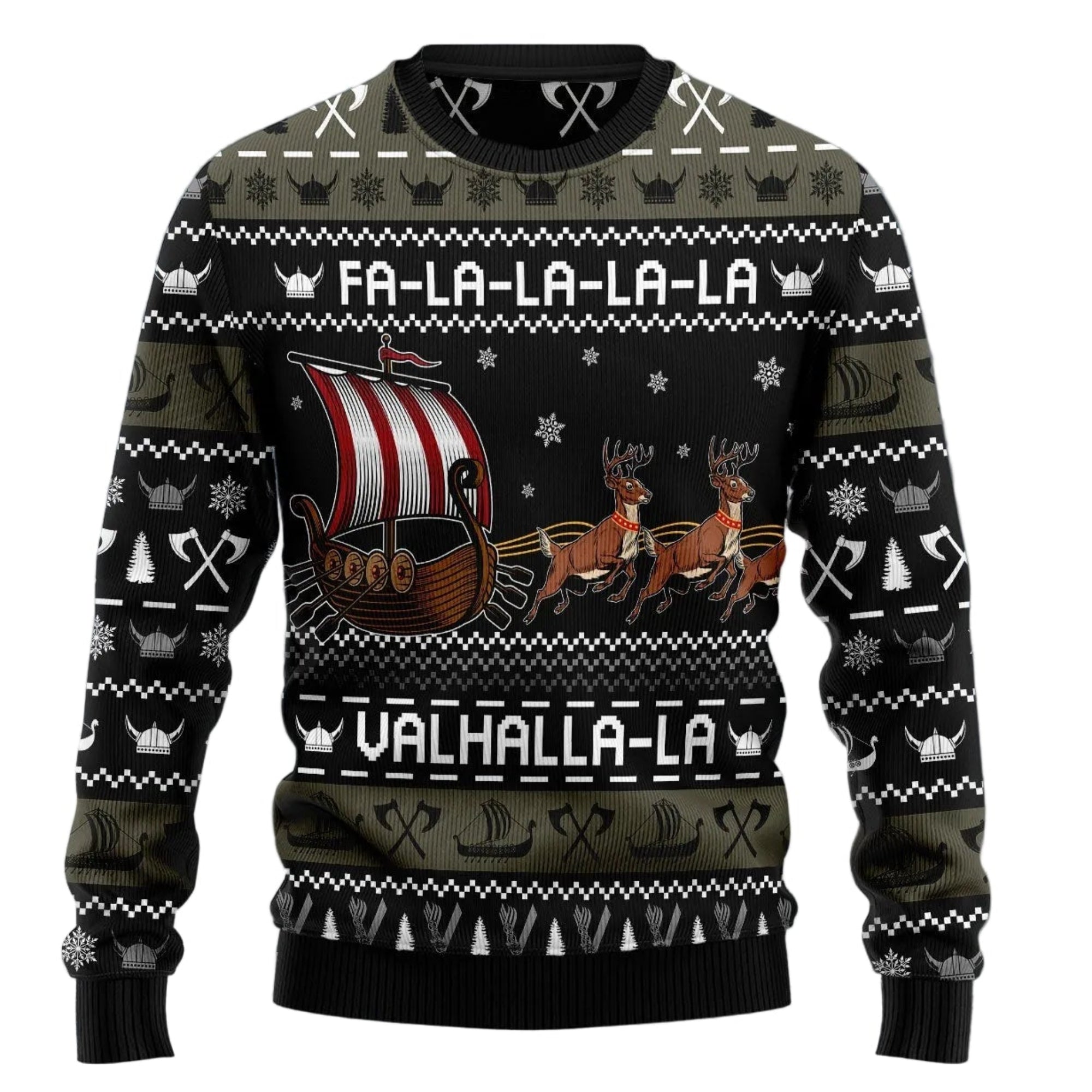 Ugly Christmas sweater with Viking design and 'Fa-La-La-La-La Valhalla-La' text on a snowy background.