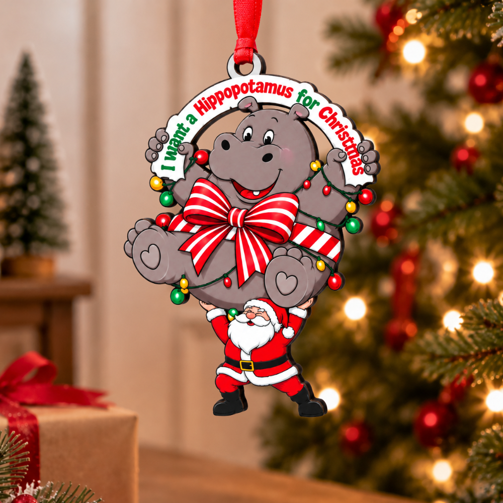Hippo Christmas Ornament, Wood Christmas Tree Decoration, Holiday Gift for Hippo Lovers for Christmas