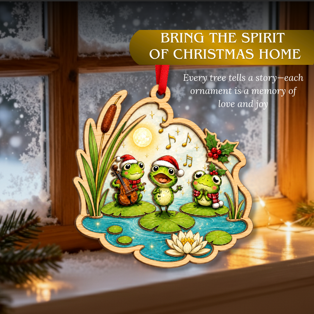 Frog Ornament, 2 Layer Wood and Acrylic, Christmas Tree Decoration, Holiday Gift, Christmas Ornament