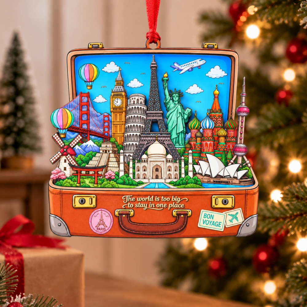 Suitcase Travel Christmas Ornament, Wood & Acrylic Christmas Tree Decoration, Holiday Gift for Travelers