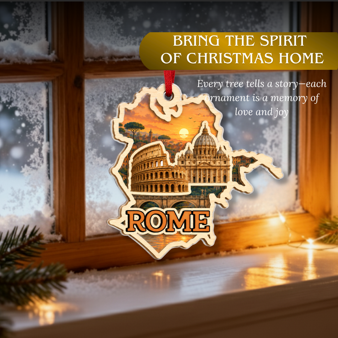 Rome Christmas Ornament, 2 Layer Wood and Acrylic, Christmas Tree Decoration, Travel Souvenir Gift, Xmas Tree Decor