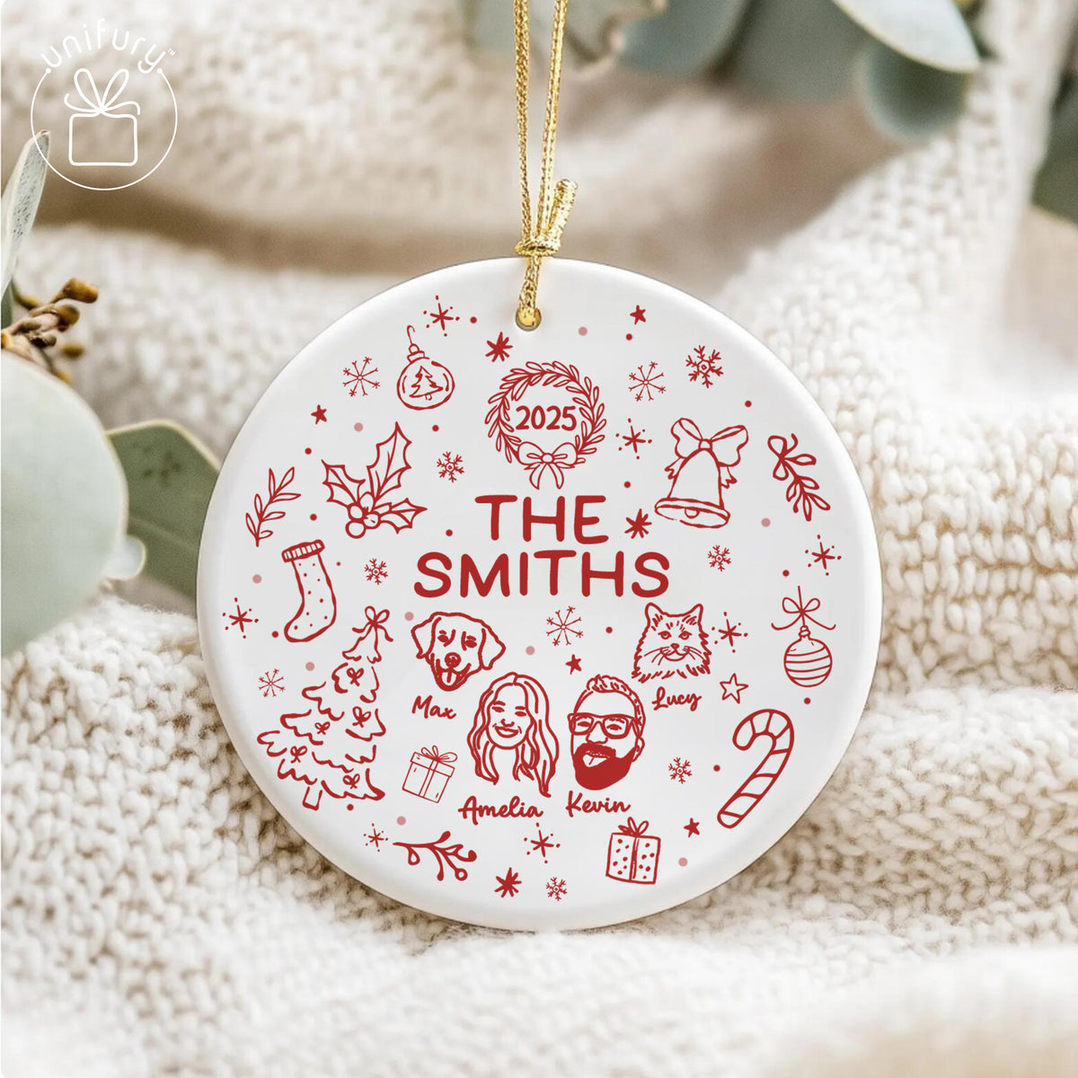 Custom Lineart Drawing Family Pet Ornament Ceramic Ornament - Family Ornament - Gifts For Dog Cat Lovers