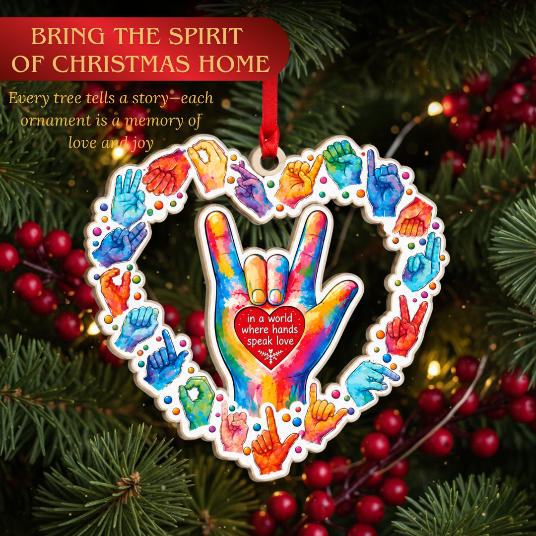 Sign Language Ornament, 2 Layer Wood and Acrylic, Christmas Tree Decoration, Holiday Gift, Christmas Ornament