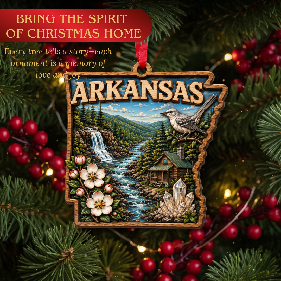 Arkansas Ornament, 2 Layer Wood and Acrylic, Christmas Tree Decoration, Travel Souvenir Gift, Christmas Ornament