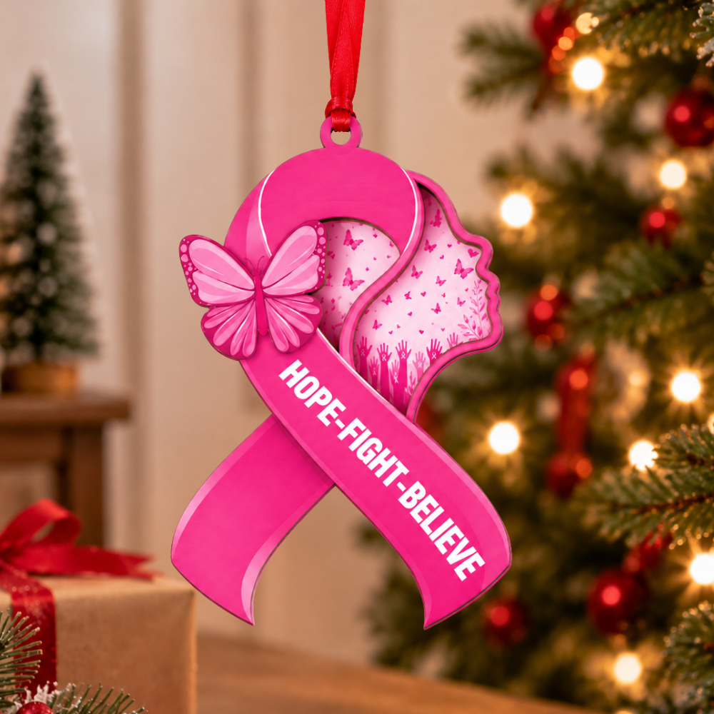 Breast Cancer Christmas Ornament, Wood & Acrylic Christmas Tree Decoration, Holiday Gift for Awareness