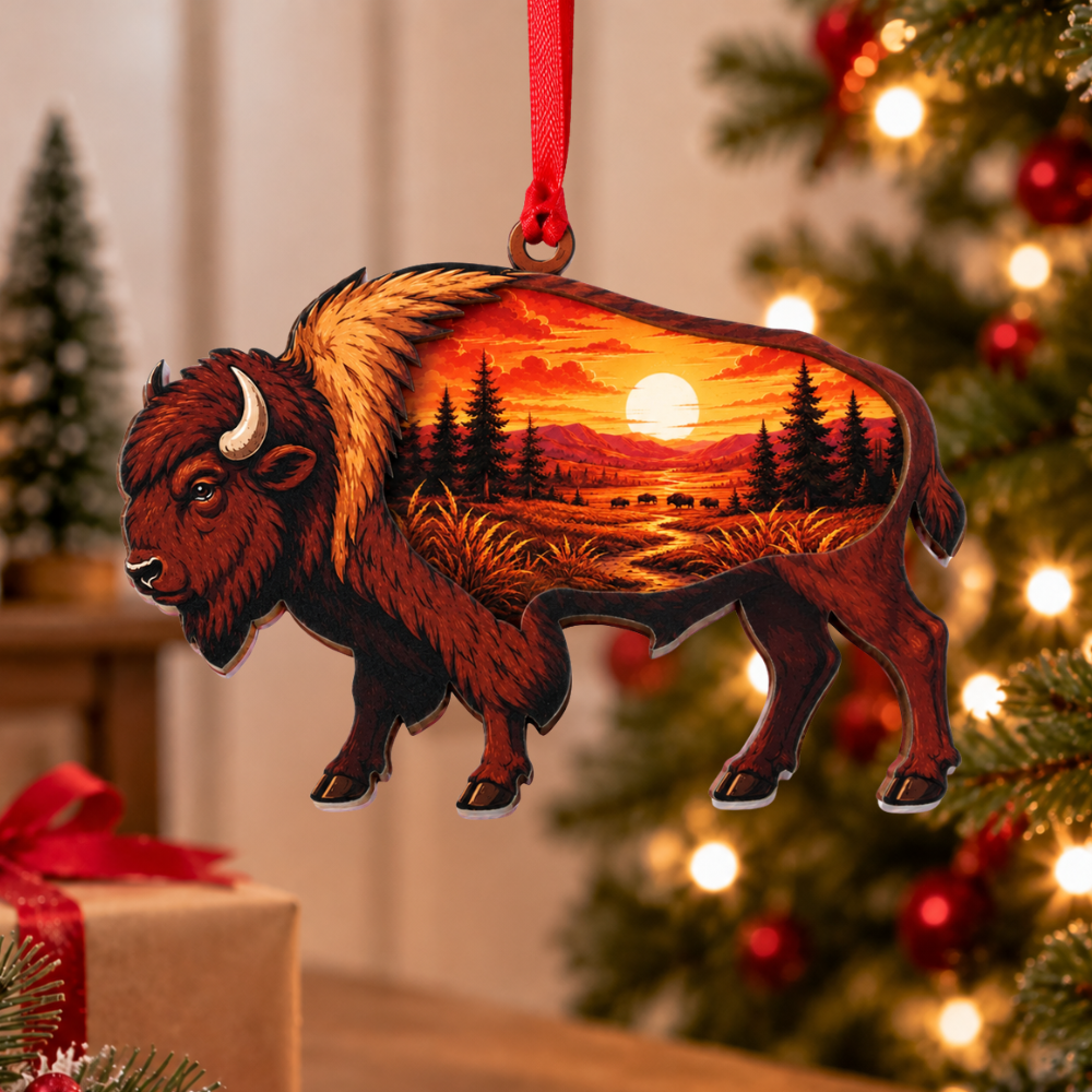 Bison Buffalo Christmas Ornament for Tree, Wood & Acrylic Hanging Decor, Xmas Gift for Nature Lovers And Outdoor Decor