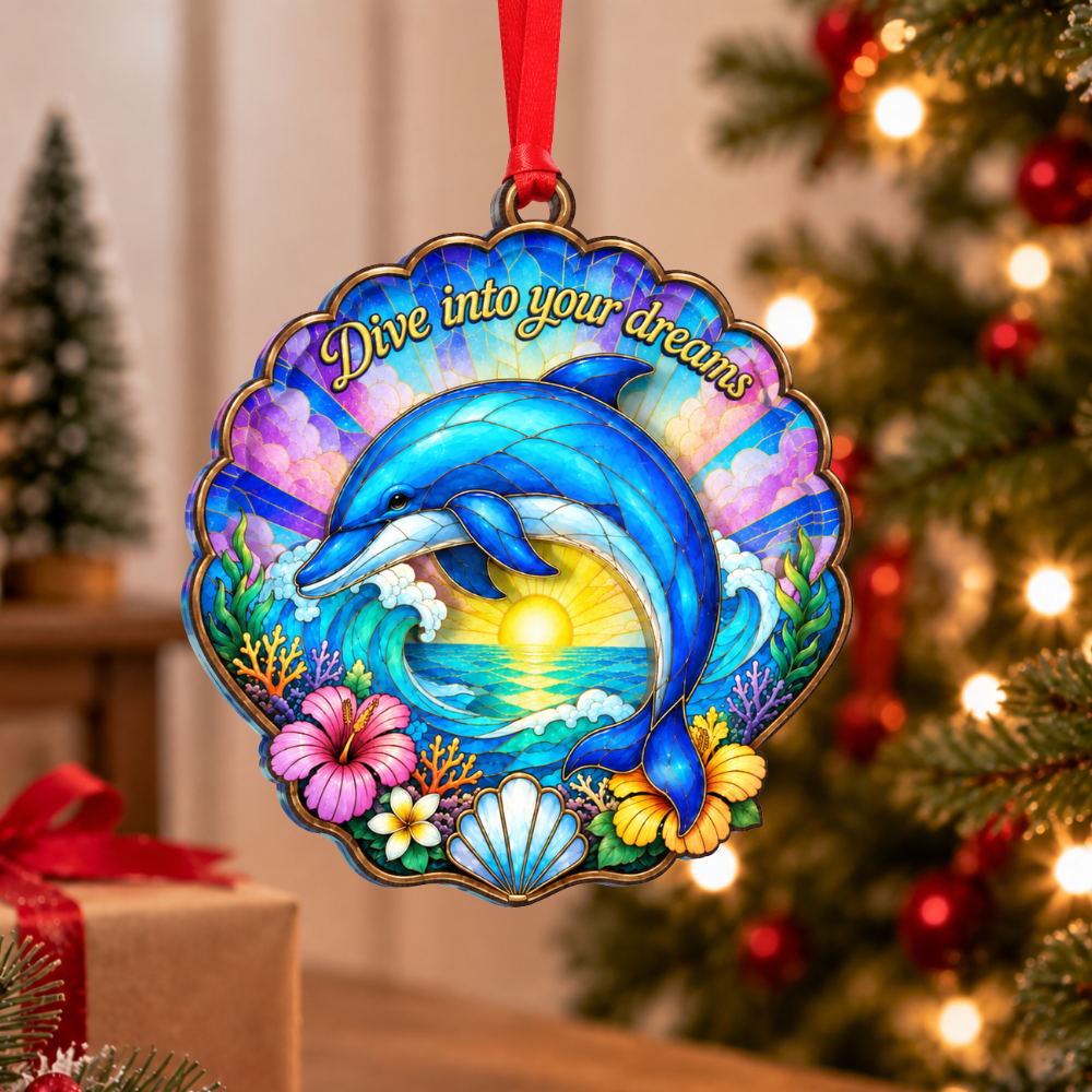 Dolphin Christmas Ornament, Wood & Acrylic Christmas Tree Decoration, Holiday Gift for Collectors & Holiday Decor Lovers