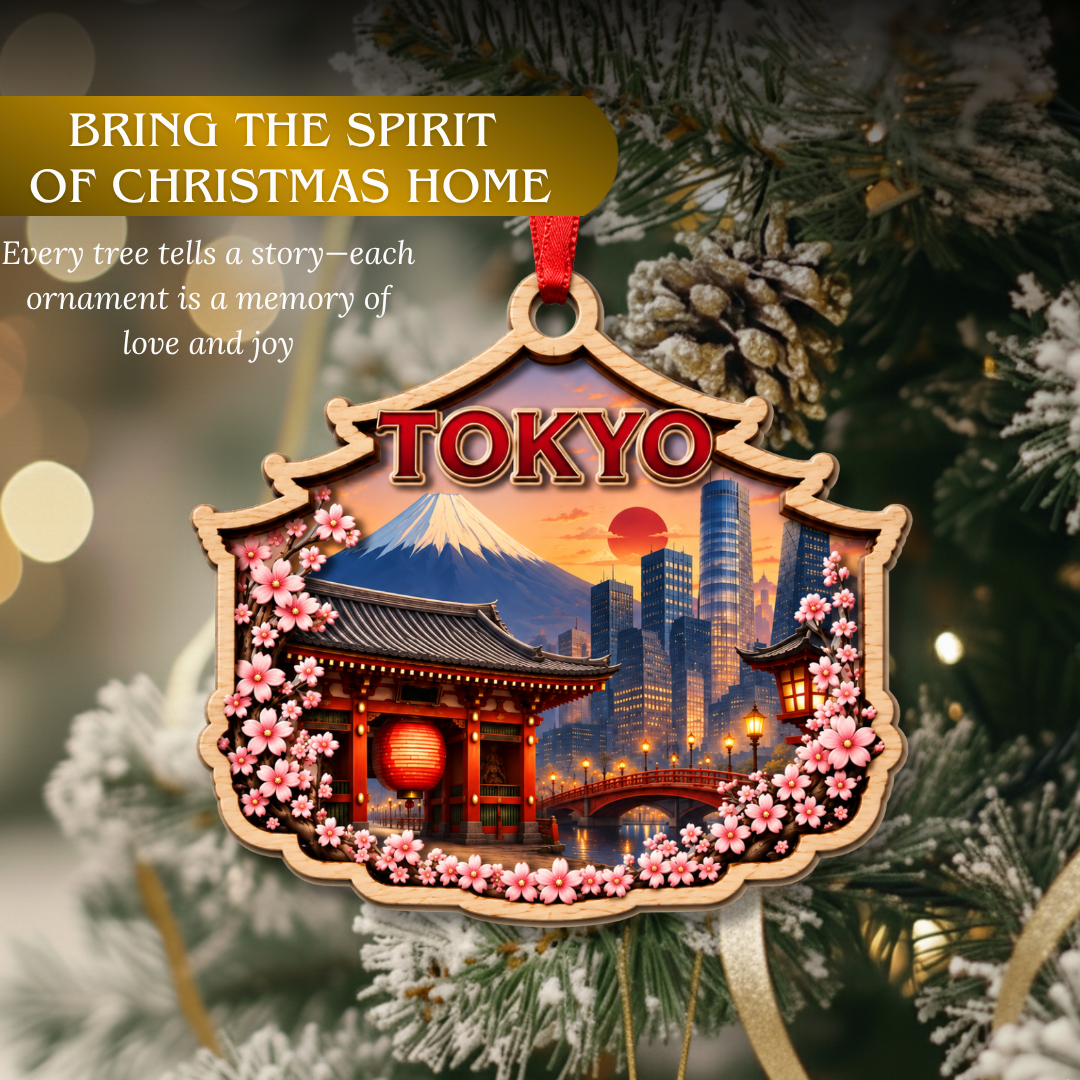 Tokyo Christmas Ornament, 2 Layer Wood and Acrylic, Christmas Tree Decoration, Travel Souvenir Gift, Xmas Tree Decor