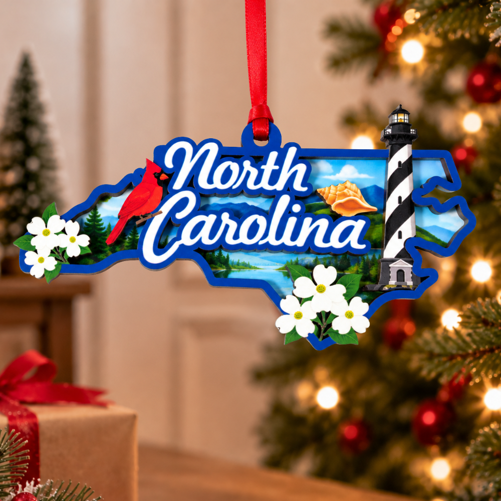 North Carolina Christmas Ornament for Tree, Wood & Acrylic Hanging Decor, Xmas Gift for Residents Travelers State Lovers