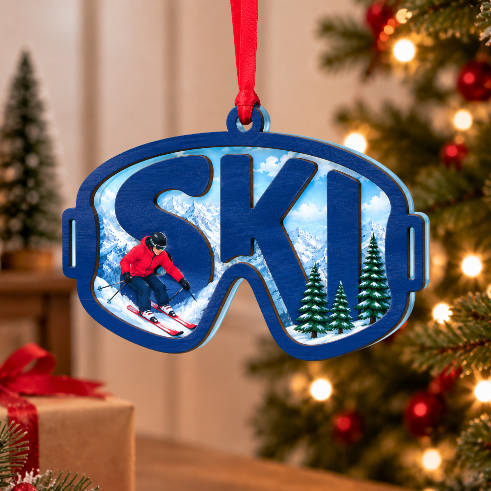 Skiing Christmas Ornament, Wood & Acrylic Christmas Tree Decoration, Holiday Gift for Ski Lovers And Winter Decor