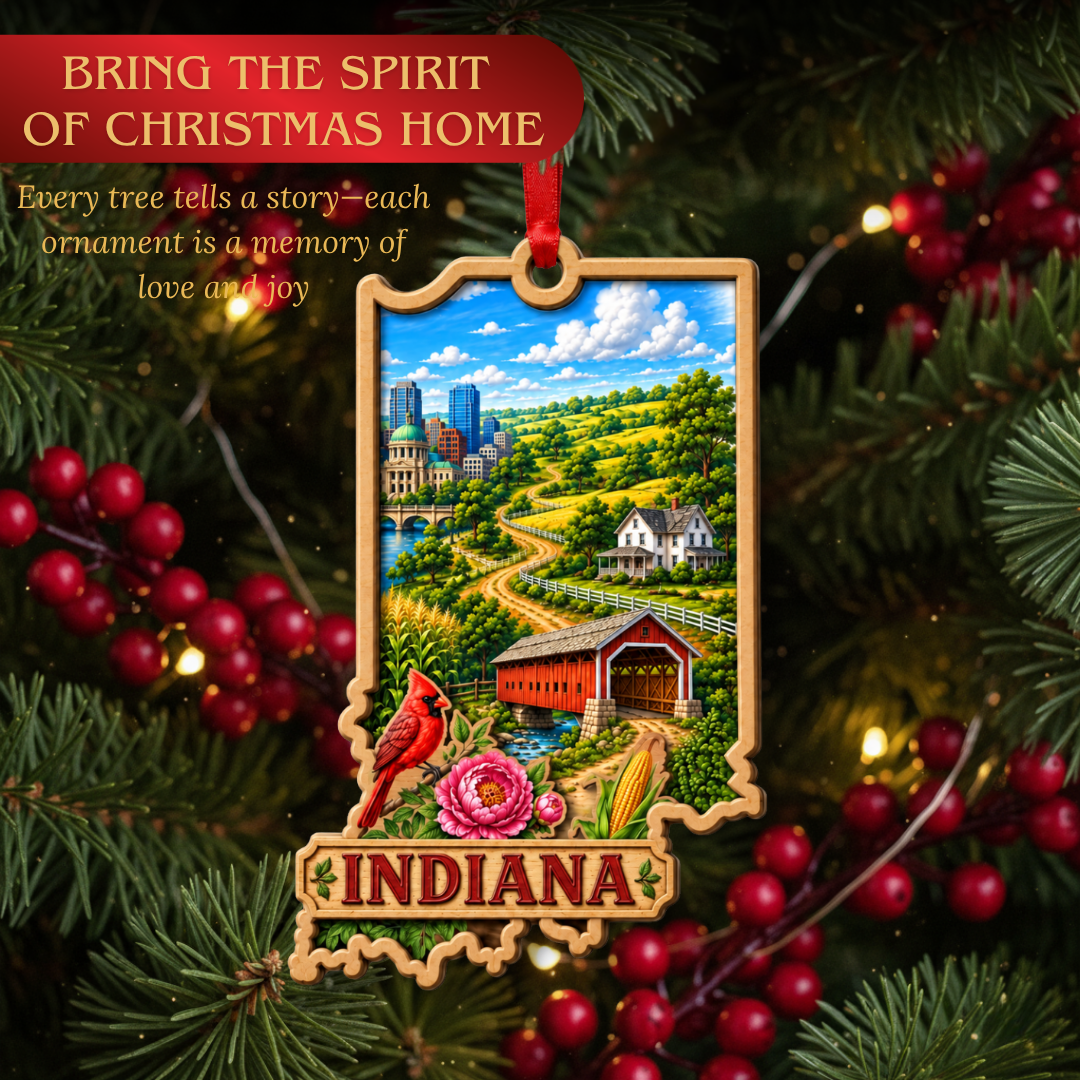Indiana Ornament, 2 Layer Wood and Acrylic, Christmas Tree Decoration, Travel Souvenir Gift, Christmas Ornament