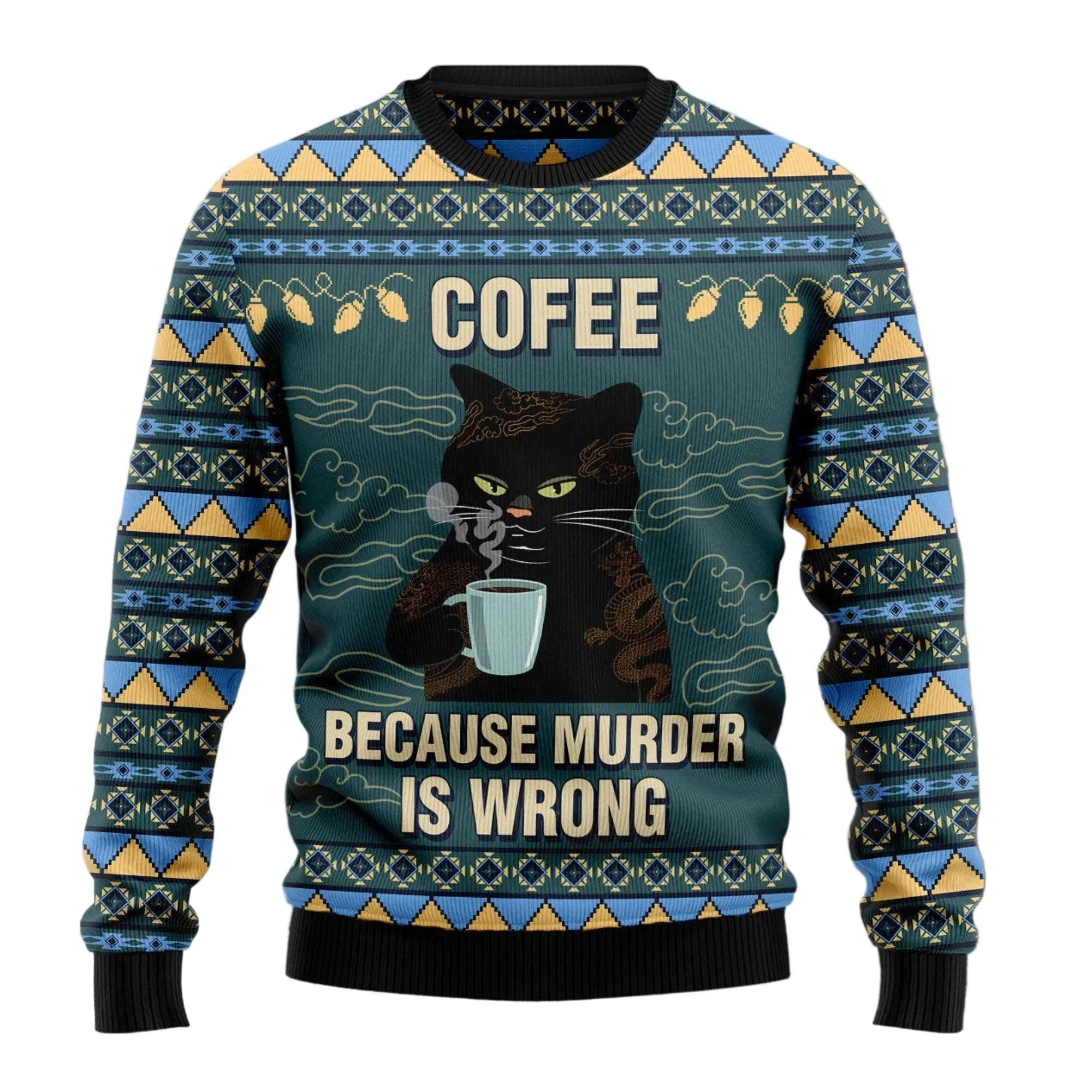 Coffee Cat Ugly Christmas Sweater, Funny Holiday Party Outfit for Cat Moms, Cat Dads and Coffee Lovers