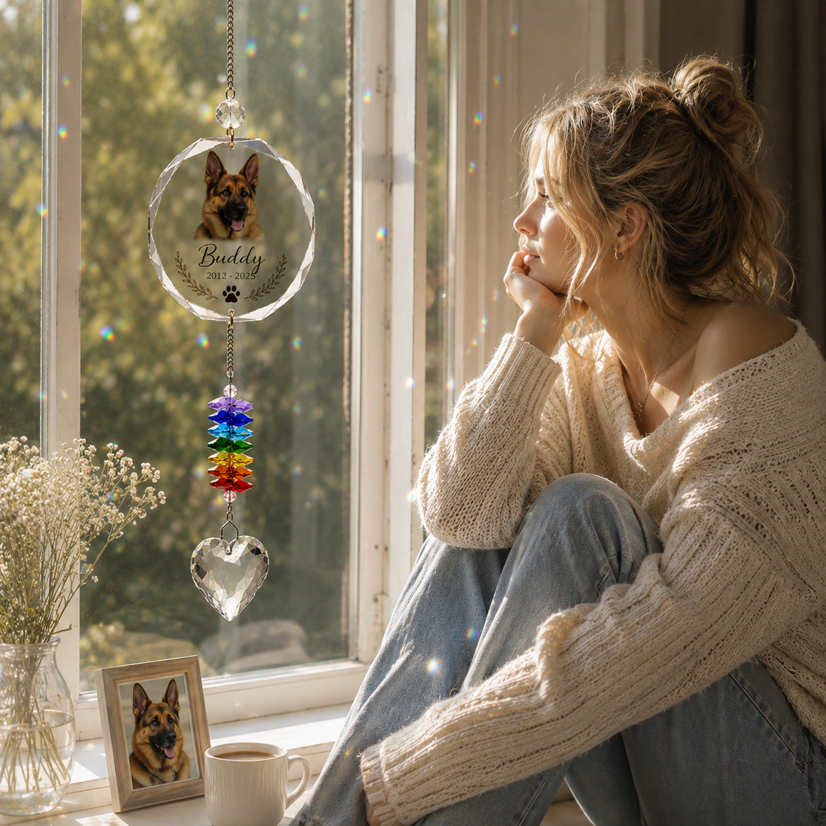 Pet memorial suncatcher hanging by a window as a meaningful keepsake to remember a beloved dog
