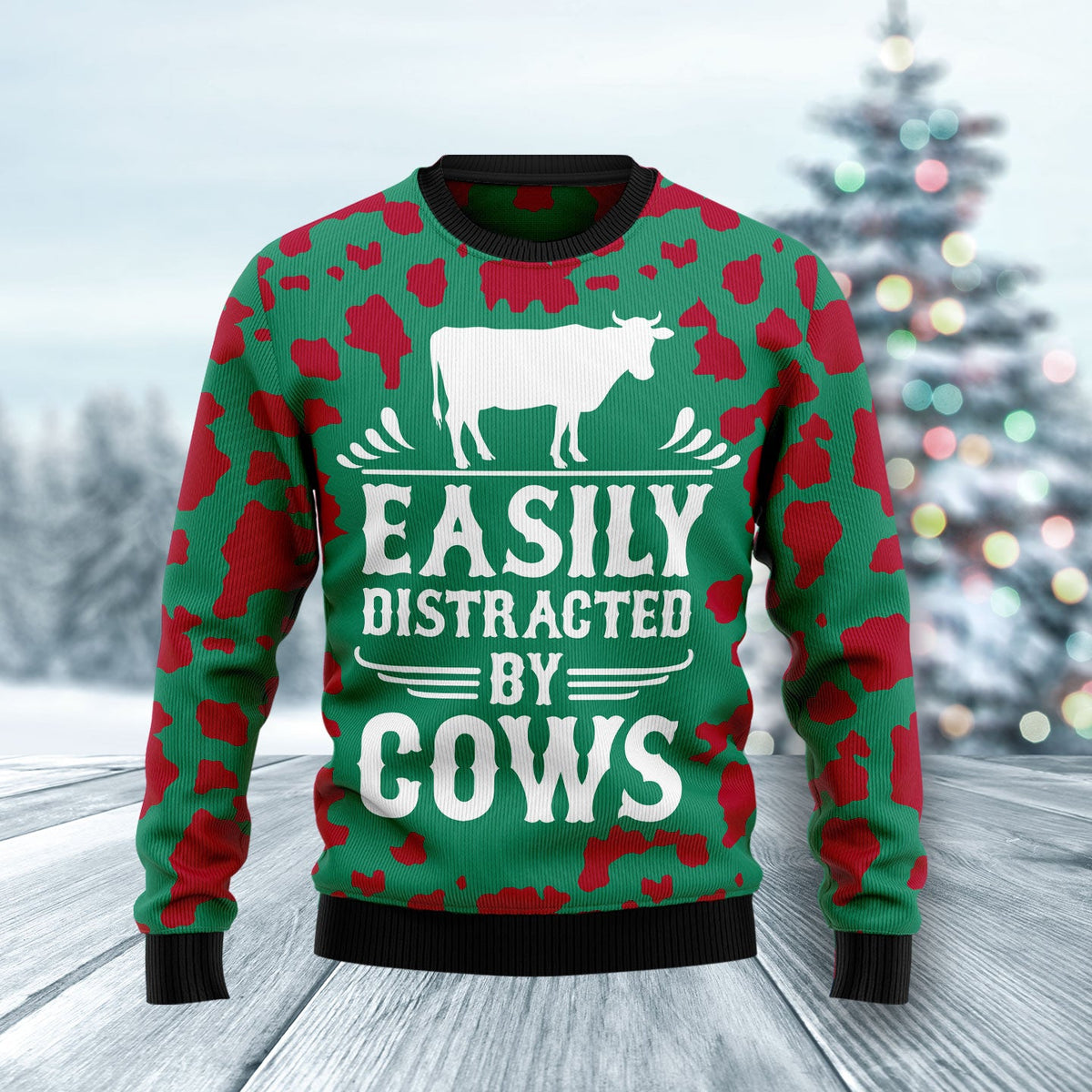 Easily Distracted by Cows Ugly Christmas Sweater, Funny Cow Lover Christmas Outfit for Parties and Family Photos
