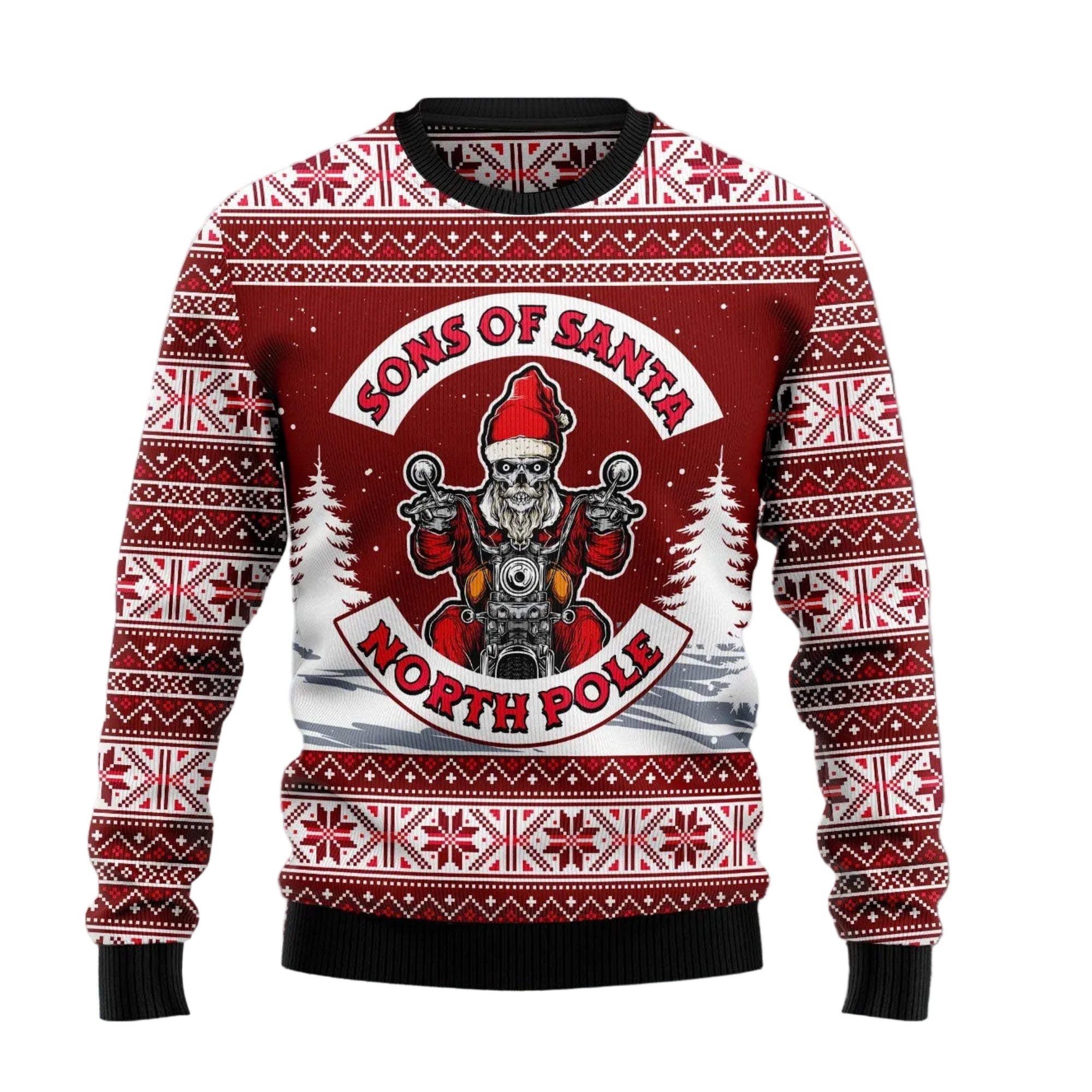 Red Sons of Santa Ugly Christmas Sweater, Santa Biker Club Art Holiday Pullover for Motorcycle Riders and Biker Fans