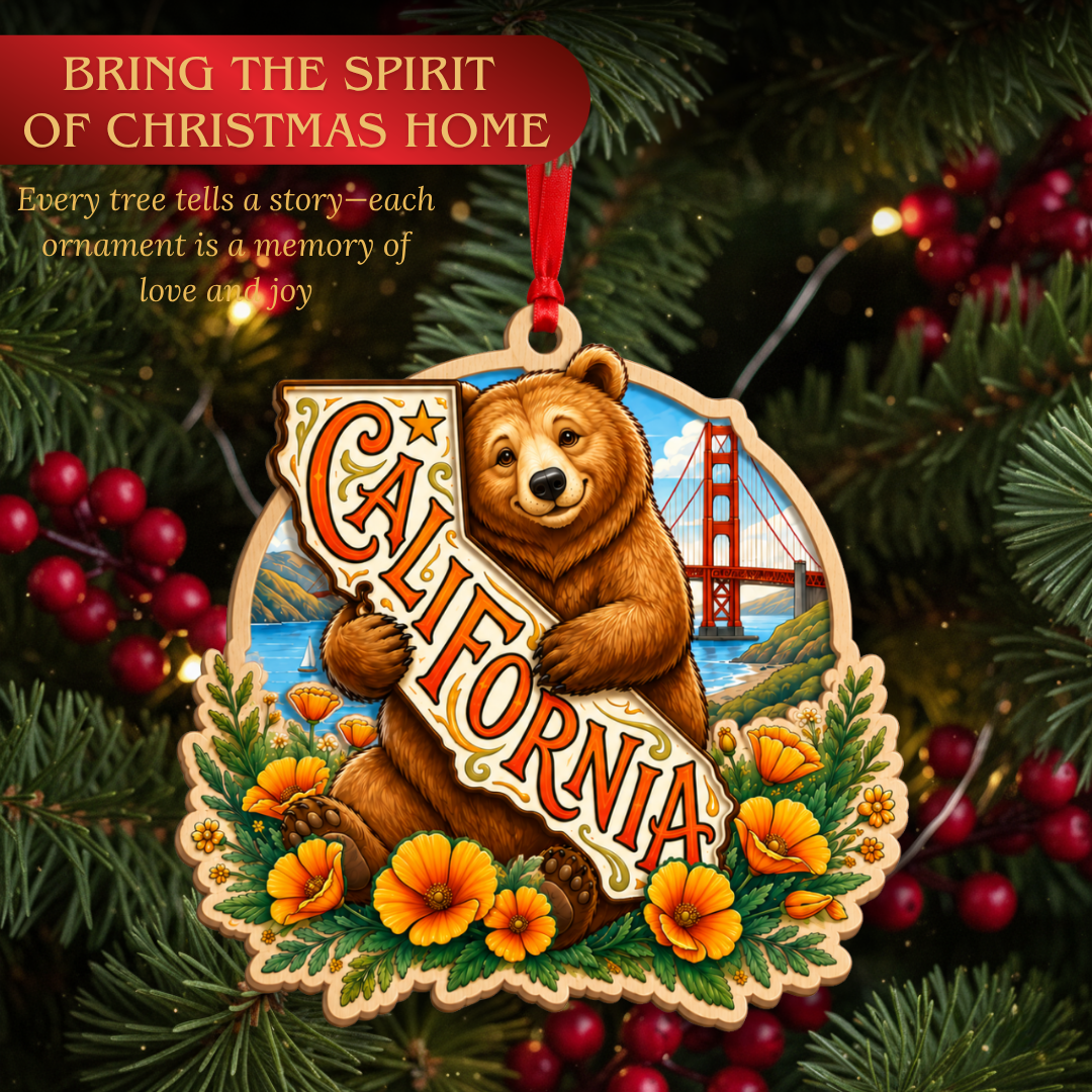 California Ornament, 2 Layer Wood and Acrylic, Christmas Tree Decoration, Travel Souvenir Gift, Christmas Ornament