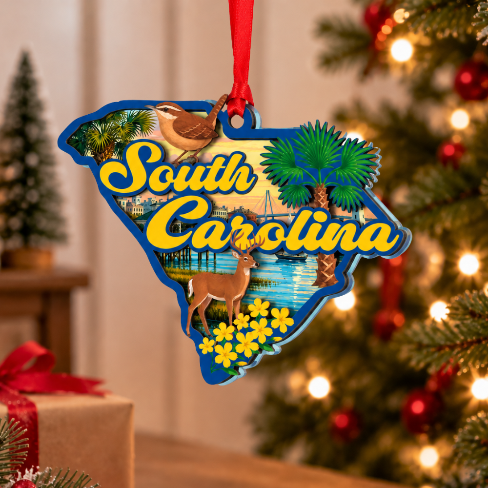 South Carolina Christmas Ornament, Wood & Acrylic Tree Decoration, Gift for Christmas and Holiday Decor Lovers