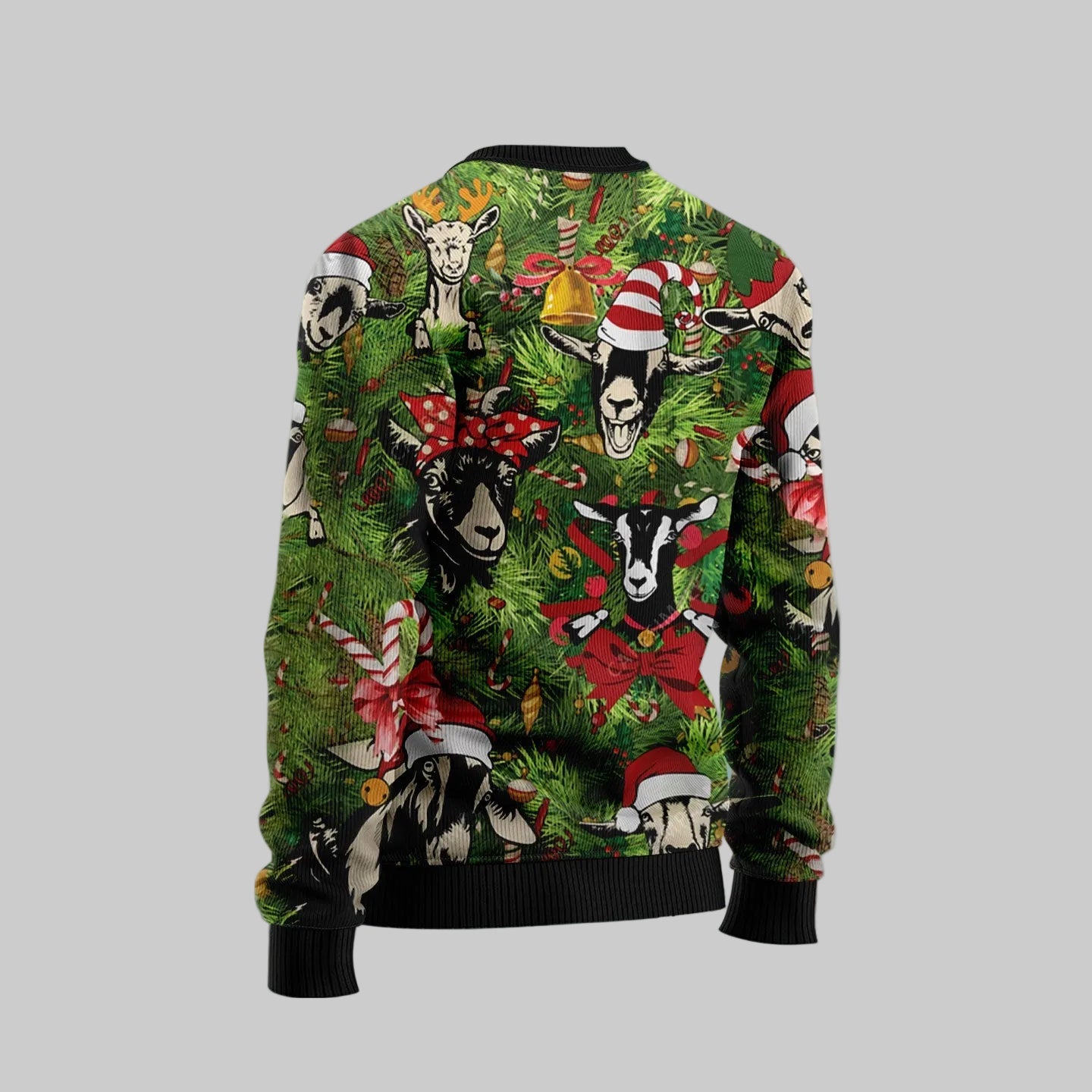 A Christmas-themed long-sleeve sweatshirt featuring an all-over print of goats, reindeer, skulls, candy canes, and ornaments on a pine tree background, shown from the back against a snowy, blurred background. A circular watermark for 'Bark Shark Custom' is visible in the top left.
