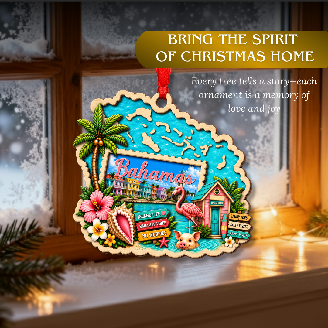 Bahamas Ornament, 2 Layer Wood and Acrylic, Christmas Tree Decoration, Travel Souvenir Gift, Christmas Ornament