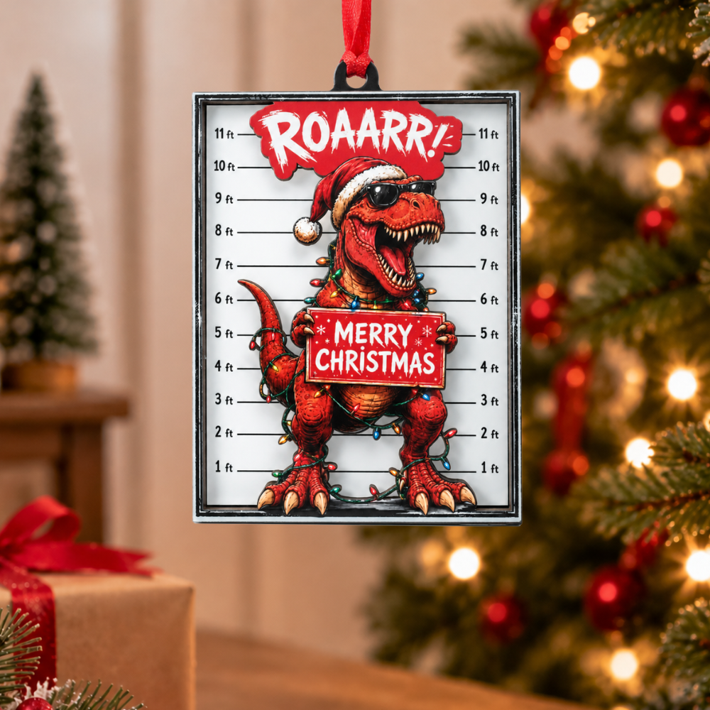 T Rex Christmas Ornament, Wood & Acrylic Christmas Tree Decoration, Holiday Gift for Collectors & Holiday Decor Lovers