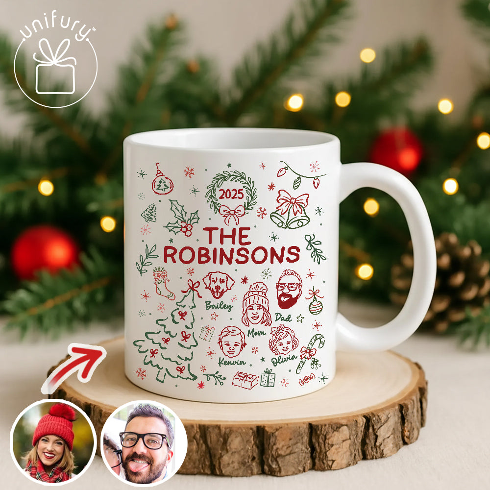 Custom Lineart Drawing Family Pet Portrait Ceramic Edge-to-Edge Mug - Christmas Mug For Family - Christmas Gift For Family