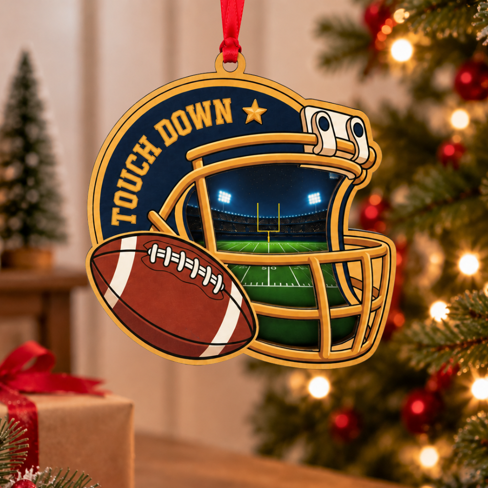 Football Christmas Ornament for Tree, Wood & Acrylic Hanging Decor, Xmas Gift for Collectors & Holiday Decor Lovers