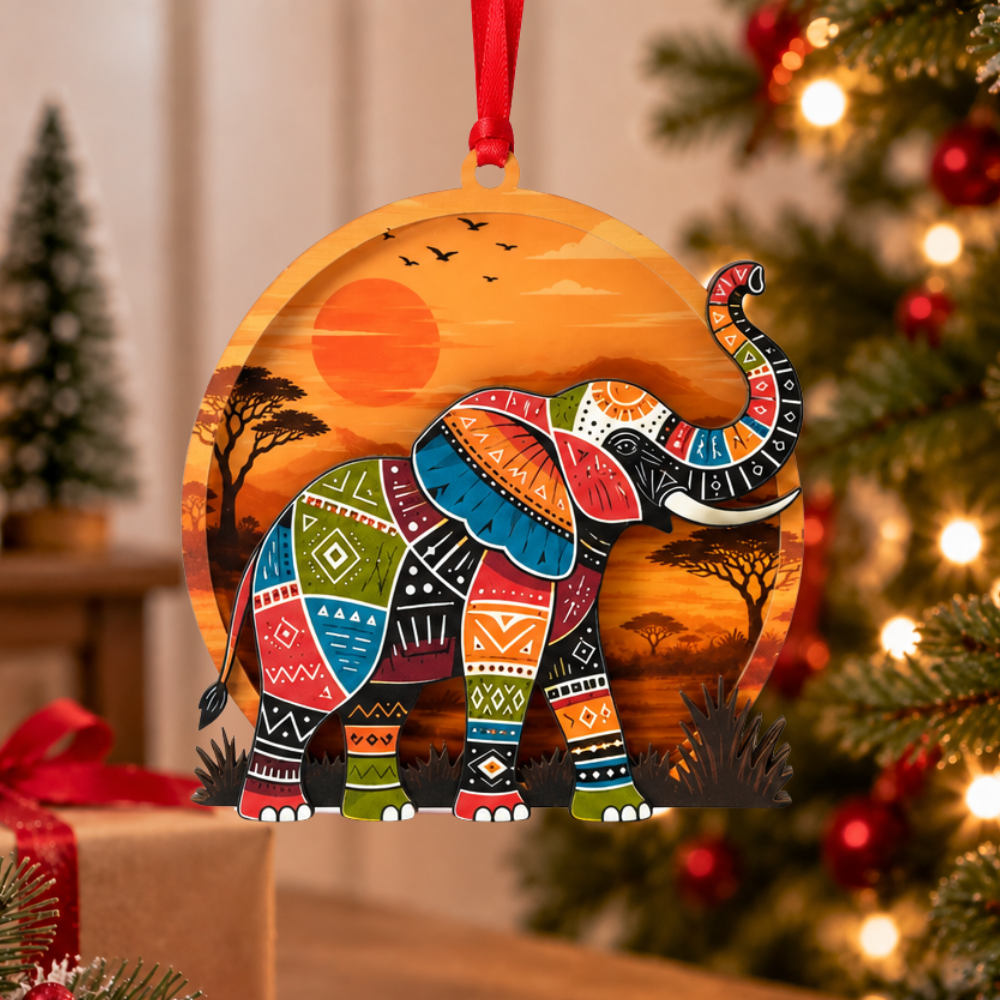 Elephant Christmas Ornament, Wood & Acrylic Christmas Tree Decoration, Holiday Gift for Animal Lovers
