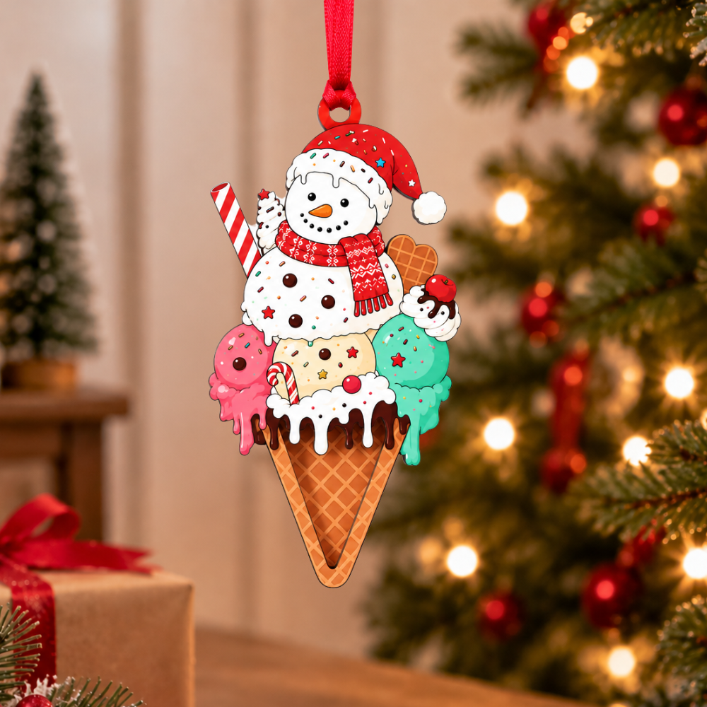Ice Cream Christmas Ornament for Tree, Wood & Acrylic Hanging Decor, Xmas Gift for Collectors & Holiday Decor Lovers