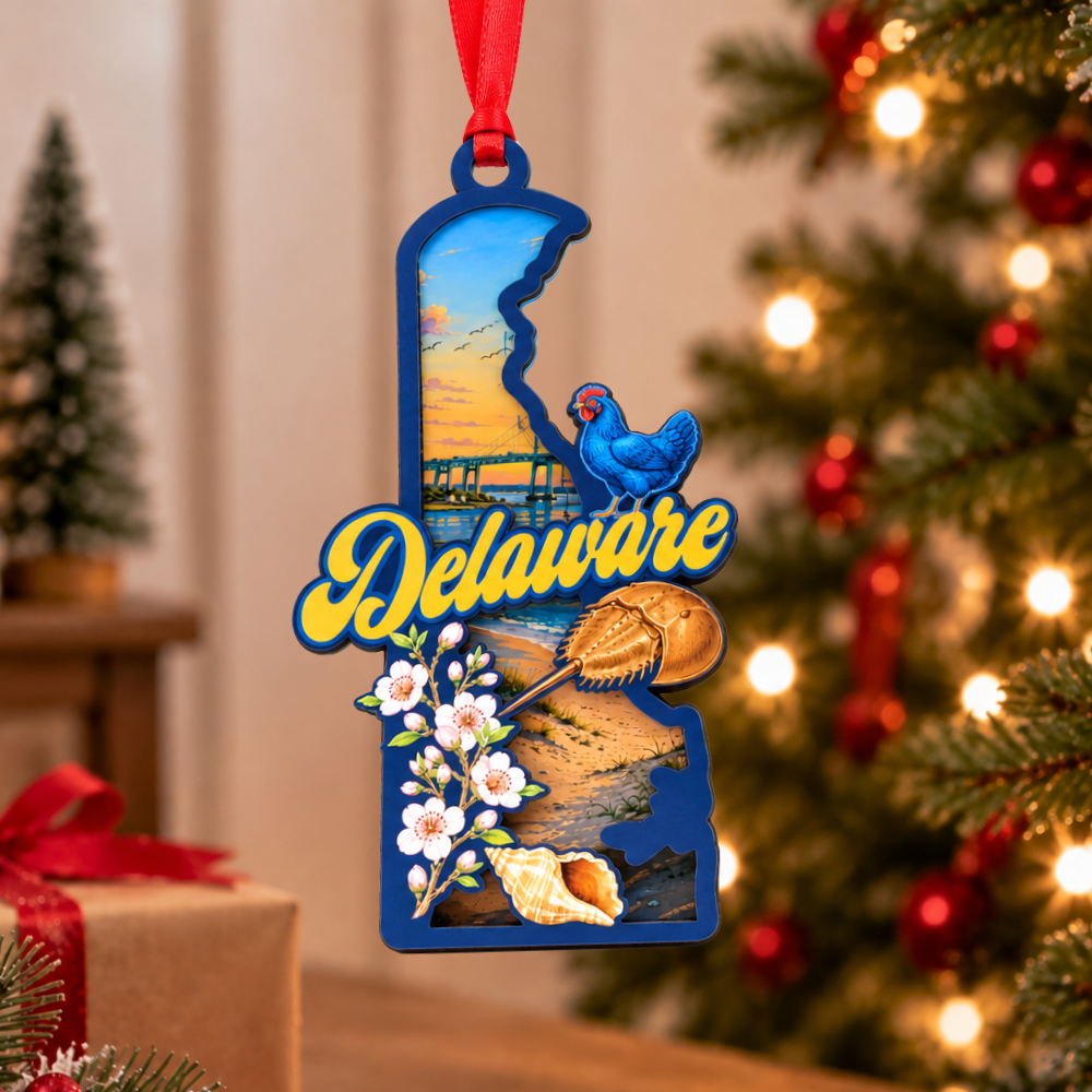 Delaware State Christmas Ornament, Wood & Acrylic Tree Decoration, Gift for Christmas and Holiday Decor Lovers