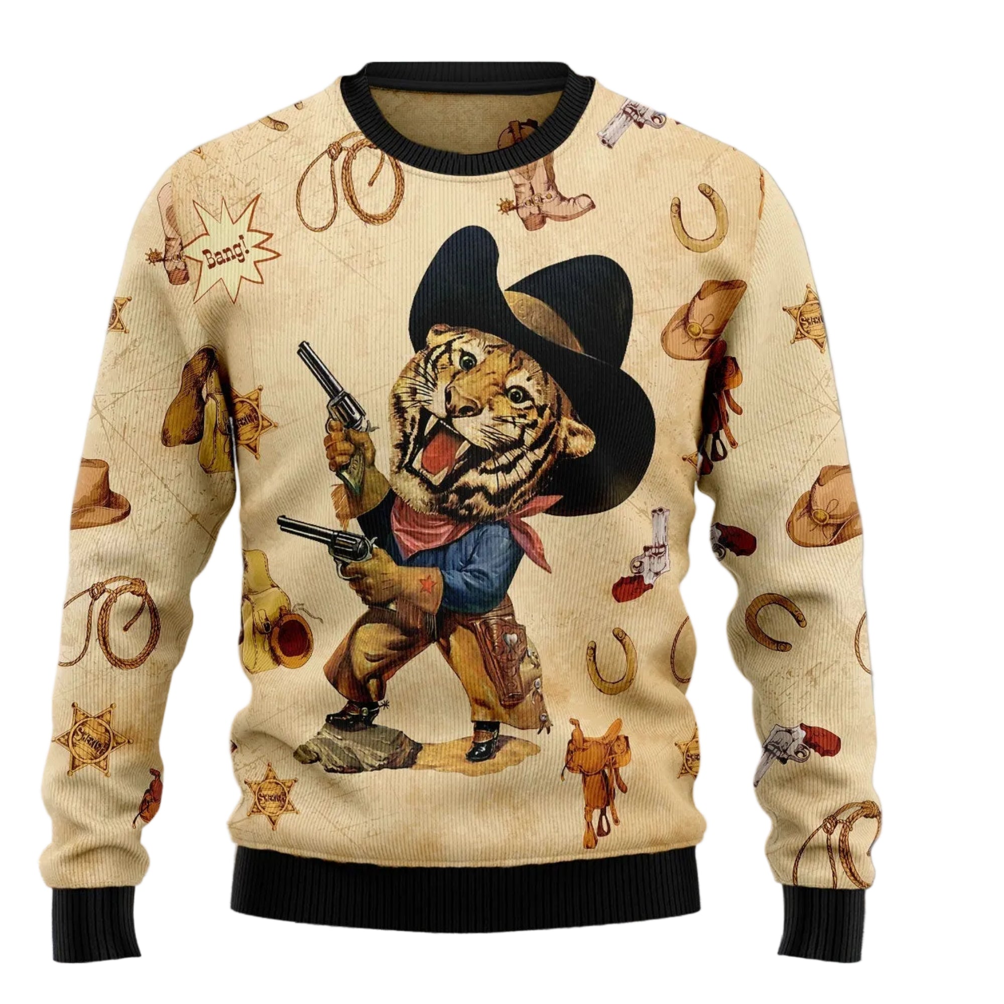 Cowboy Tiger Christmas Ugly Christmas Sweater, Unisex Holiday Party Outfit, Fun Gift for Cowboy and Tiger Fans